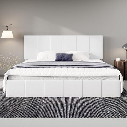Allewie King Size Dutch Velvet Upholstered Platform Bed Frame/Vertical Channel Tufted Adjustable Headboard/Low Profile Bed Frame/No Box Spring Needed/Easy Assembly/White