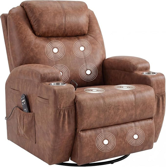 JUMMICO Small Swivel Rocker Recliner, 360 Rocking Chair Recliner with Massage, Upholstered Leathaire Rocker Recliner with Cup Holder for Living Room, Bedroom, Nursery (Dark Brown)