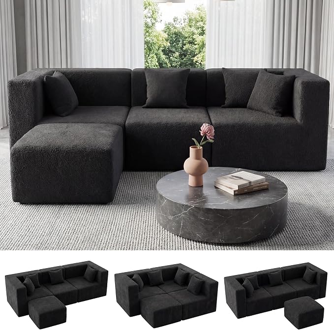 MONVANE 103'' Modular Sectional Sofa, Comfy Teddy Velvet Cloud Couch with Ottoman, Modern Convertible L Shaped Couch with Deep Seat, Sectional Couches for Living Room, Bedroom and Apartment, Black