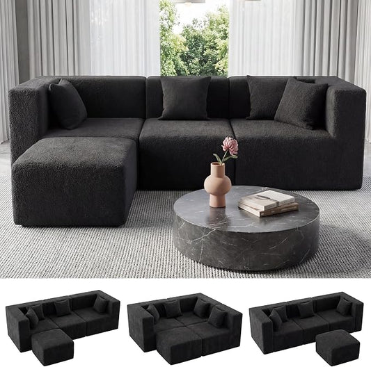 MONVANE 103'' Modular Sectional Sofa, Comfy Teddy Velvet Cloud Couch with Ottoman, Modern Convertible L Shaped Couch with Deep Seat, Sectional Couches for Living Room, Bedroom and Apartment, Black