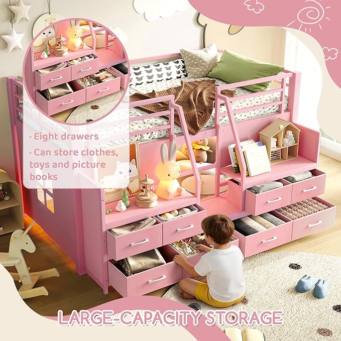 Bellemave Low Loft Bed Twin Size with Storage Shelves & Fabric Drawers, Metal Twin Loft Bed for Kids with LED Lights & Under-Bed Play Area, Low Loft Bed Frame for Bedroom, No Box Spring Needed, Pink