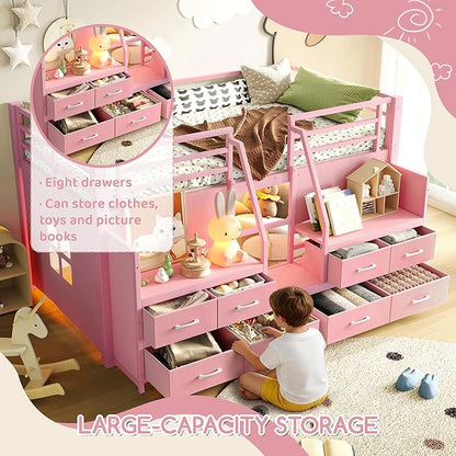 Bellemave Low Loft Bed Twin Size with Storage Shelves & Fabric Drawers, Metal Twin Loft Bed for Kids with LED Lights & Under-Bed Play Area, Low Loft Bed Frame for Bedroom, No Box Spring Needed, Pink