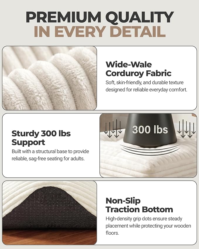 23.6in Pouf Ottoman, Corduroy Ottoman Foot Rest with Dual‑Layer Support, Large Poofy Pouf with Soft Chunk‑Foam Top & Firm Foam Base, Floor Foot Stool for Living Room, Beige