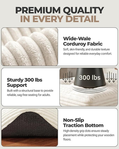 23.6in Pouf Ottoman, Corduroy Ottoman Foot Rest with Dual‑Layer Support, Large Poofy Pouf with Soft Chunk‑Foam Top & Firm Foam Base, Floor Foot Stool for Living Room, Beige