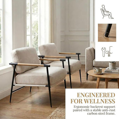 DUOMAY Mid-Century Modern Accent Chairs Set of 2 - Soft Linen Upholstered Lounge Reading Chair for Bedroom - Comfy Lightweight Livinig Room Chairs - Beige