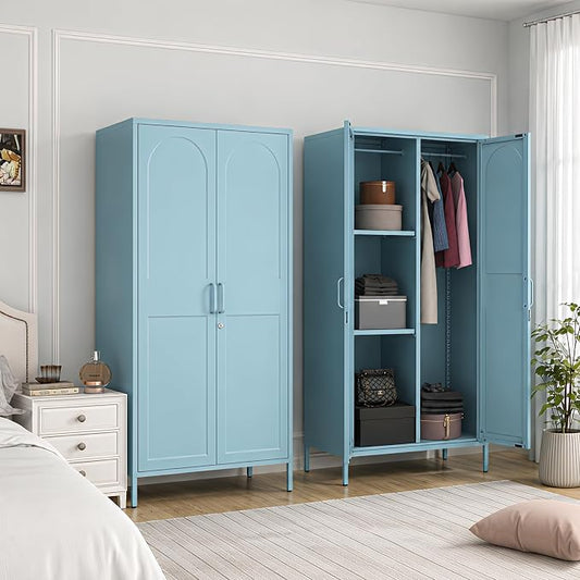 Lockable Metal Wardrobe Closet with Hanging Rod and 3 Adjustable Shelves,67" Metal Storage Cabinet with 2 Doors,Steel Armoire Wardrobe Closet for Bedroom Living Room Cloak Room (Blue)