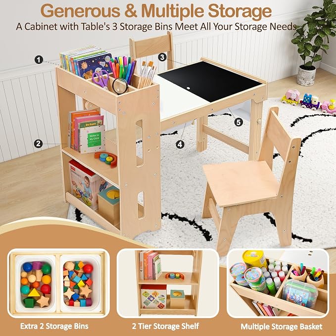 WINGYZ 6 in 1 Kids Art Table and Chairs, Sensory Table and 2 Chairs Height Adjustable, Graffiti Tabletop Toddler Activity Table with Storage Cabinet & Bins, Kids Art Desk with Paper Roll Ages 2-8 Gift