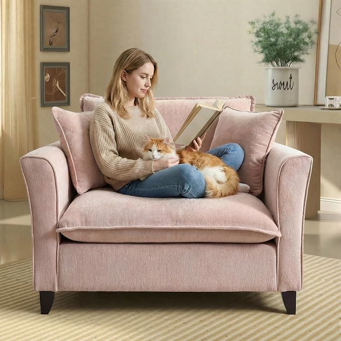 ERYE 46.9" Chenille Upholstered Accent Chair Wide Seat for Living Room Bedroom, Modern Leisure Cushion Armchair W/ 2 Pillows and Removable Cover for Home Apartment Office