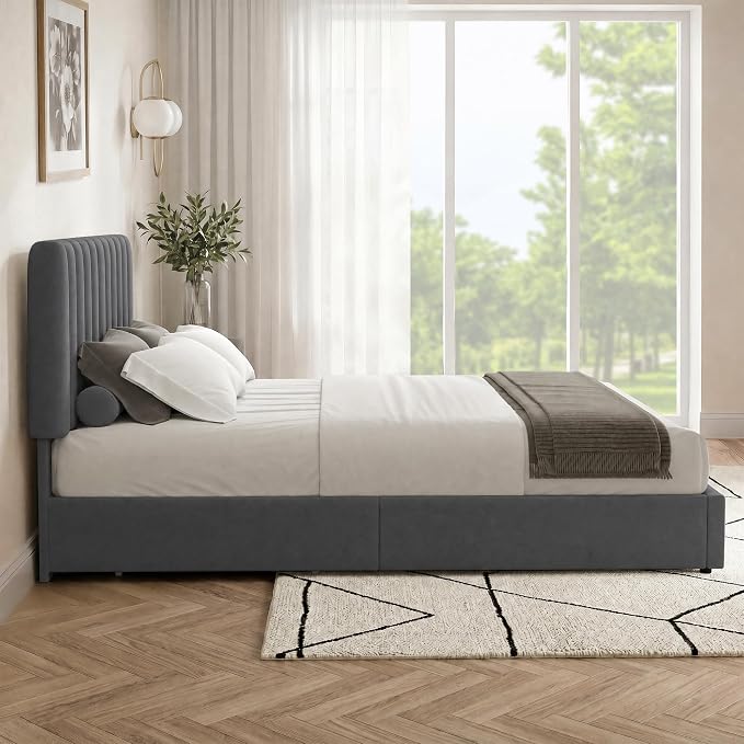 VECELO Queen Size Upholstered Bed Frame with 4 Drawers and Headboard, Velvet Platform Storage Bedframe, Wooden Slats Support, No Box Spring Needed,Dark Grey