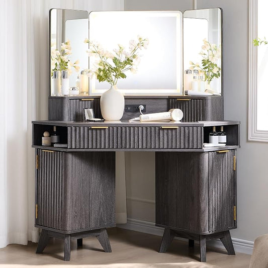 T4TREAM Fluted Makeup Vanity Desk with 3 Way Mirror and Lights, 48" Large Corner Vanity Table with Glass Top, Charging Station, 3 Drawers, Storage Cabinets & Shelves, for Bedroom, Dark Alder