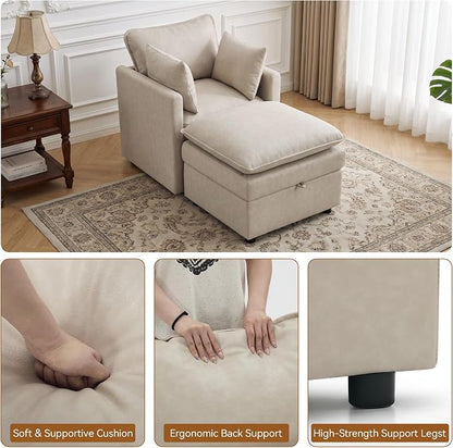 30" Beige Faux Leather Storage Sofa Chair, Single Accent Chair with Ottoman | Modern Upholstered Deep Seat Sofa Chair, Comfort for Reading, Lounging, and Small spaces, Armchair for Living Room, Bedroom