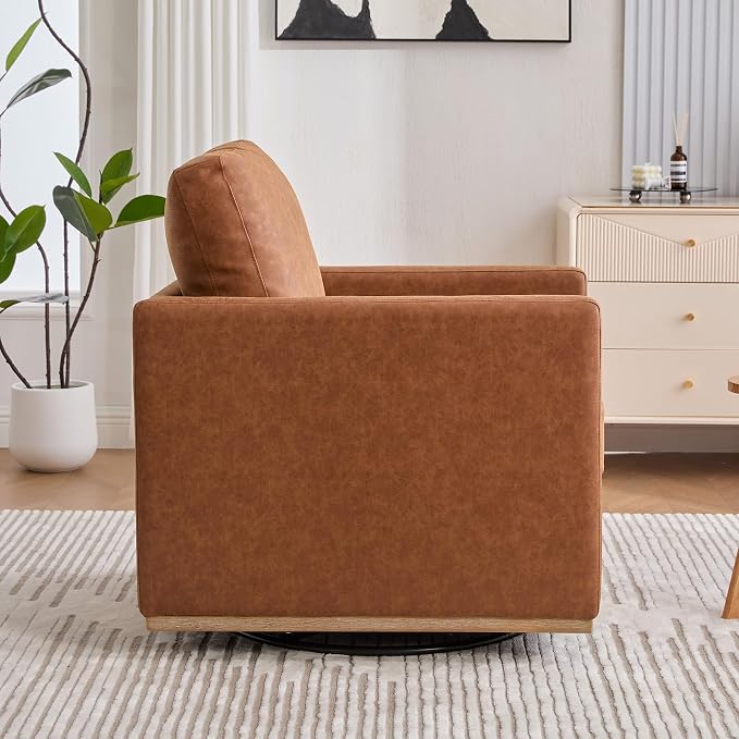 Swivel Accent Chair, 360 Degree Square Swivel Chair for Living Room, Mid Century Modern Upholstered Barrel Chair,Comfy Sofa Armchairs for Bedroom,Nursery,PU Leather, Brown