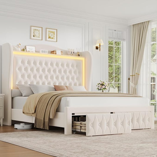 King Bed Frame 55" Tall Headboard with LED Lights, Buttons Tufted Velvet Upholstered Platform Bed Frame with 2 Storage Drawers, Wood Slats Support Mattress Foundation, No Box Spring Needed, Beige