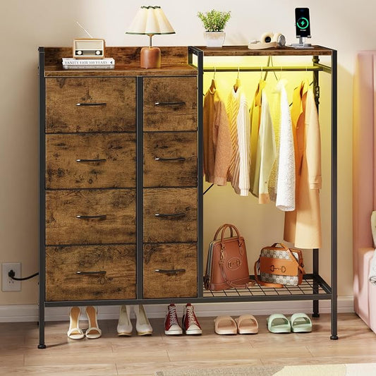 HIGDBFE Dresser with Hanging Rack, 8-Drawer Dresser for Bedroom with Charging Station & LED Lights, Fabric Dressers with Shoe Rack, Rustic Brown, 11.8" D x 42" W x 42.7" H (8 Drawers)