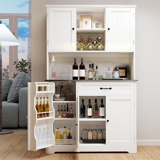 Gizoon Kitchen Pantry Cabinet with Microwave Shelf Tall Coffee Bar Cabinet with Doors and Shelves Farmhouse Kitchen Hutch with Storage for Dining Room and Craft Room, Painted White and Black