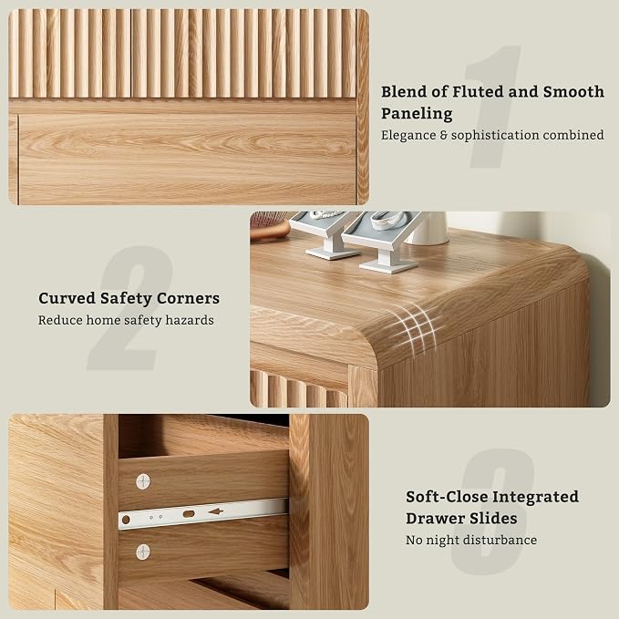 LYNSOM 7 Drawer Dresser for Bedroom, 50" Wide Fluted Dresser with Curved Corners, Wood Dressers & Chests of Drawers with Dual-Panel Design for Bedroom, Entryway, Oak