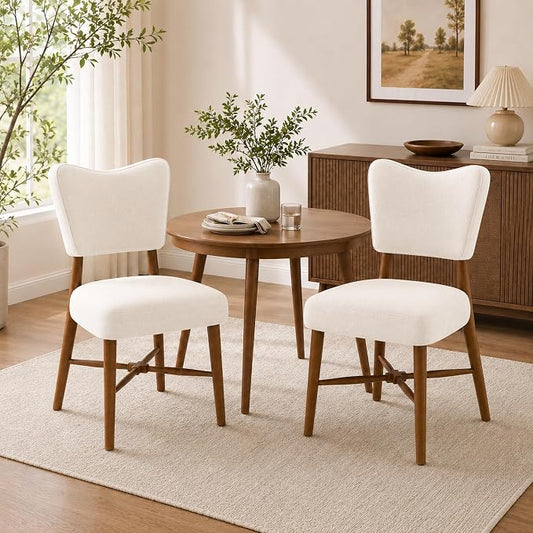 Farmhouse Dining Chairs Set of 2, Linen Seat, Wood Legs, Cream | Mid Century Modern, Upholstered Padded Cushion, Solid Wood Cross-Brace, Easy 15-Min Assembly, Kitchen Dining Room