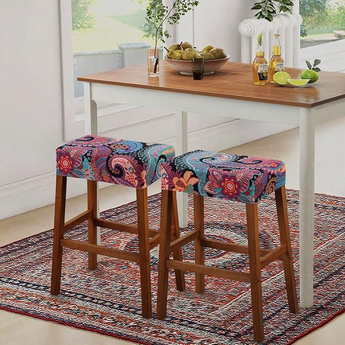 YISUN Stool Covers Rectangle - 4 Pack Stretch Waterproof Saddle Seat Cover Counter Bar Stools Bar Chairs Covers Kitchen Island Chairs Cushion Protector (4, F-Purple Green)