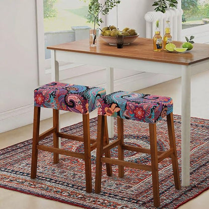 YISUN Stool Covers Rectangle - 4 Pack Stretch Waterproof Saddle Seat Cover Counter Bar Stools Bar Chairs Covers Kitchen Island Chairs Cushion Protector (4, F-Purple Green)