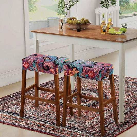 YISUN Stool Covers Rectangle - 2 Pack Stretch Waterproof Saddle Seat Cover Counter Bar Stools Bar Chairs Covers Kitchen Island Chairs Cushion Protector (2, F-Purple Green)
