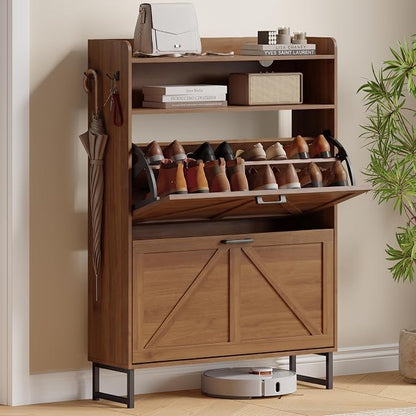 Shoe Cabinet with 2 Flip Drawers, Freestanding Hidden Shoe Storage Organizer for Entryway, Narrow Slim Shoe Rack Cabinet with Open Storage & Hooks for Front Door Entrance, Living Room, Hallway, Walnut