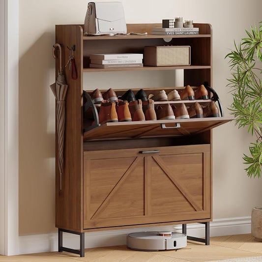 Shoe Cabinet with 2 Flip Drawers, Freestanding Hidden Shoe Storage Organizer for Entryway, Narrow Slim Shoe Rack Cabinet with Open Storage & Hooks for Front Door Entrance, Living Room, Hallway, Walnut