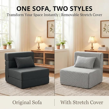 FILUXE Convertible Folding Sofa Bed-Sleeper Chair with Pillow, Modern Linen Fabric Floor Futon Couch, Foldable Mattress for Living Room/Guest Use/Apartment,Single,Dark Gray+ Gray Cover