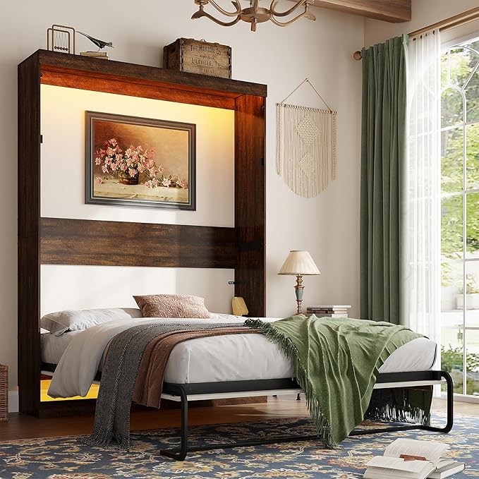 Hlivelood Full Size Murphy Bed with 2 LED Lights, Farmhouse Wood Hidden Foldable Wall Bed Frame w/Gas Struts, Storage Bed Cabinet for Bedroom, Office, Space-Saving, No Box Spring Needed, Rustic White