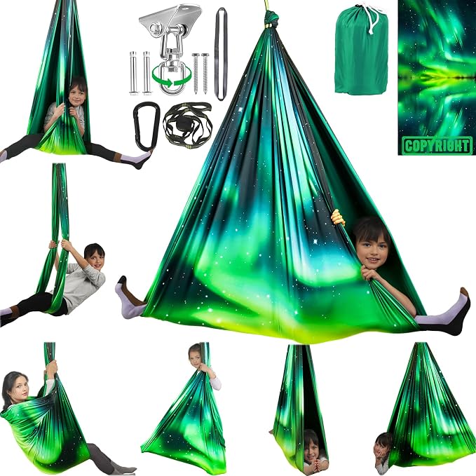 HiCamer Double Layer Sensory Swing for Kids & Adults Holds up to 300lbs Indoor and Outdoor Therapy Cuddle Swing with 360° Swivel Hanger Kit Adjustable Swing with Aspergers Autism ADHD (Aurora Green)