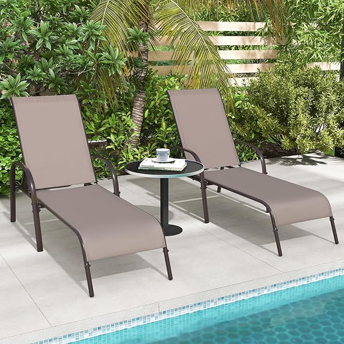 Giantex 2 Pack Patio Lounge Chair, Outdoor Chaise Lounge with 5 Adjustable Backrest, Sturdy Steel Frame, Sunbathing Recliner, Beach Chair, Tanning Chair for Outside, Yard, Balcony, Pool Chairs, Brown