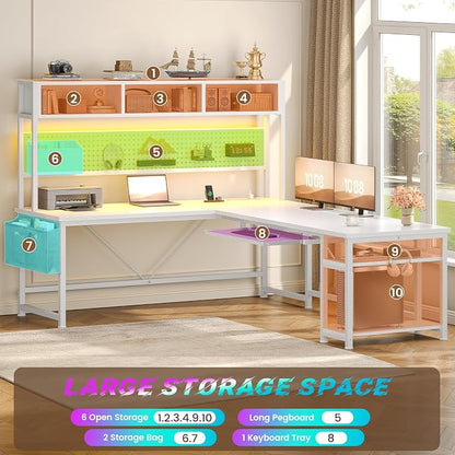SEDETA White L Shaped Gaming Desk, Reversible Corner With Power Outlet and Pegboard, Hutch, Storage Shelf, Keyboard Tray, and LED Lights for Home Office