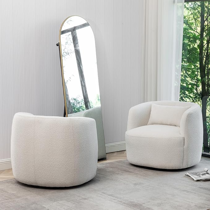 KINWELL 34" Wide Boucle Swivel Barrel Chairs Set of 2, No Assembly Round Upholstered Armchairs Accent Chairs Single Sofa Chair with Toss Pillow for Living Room and Bedroom, Beige