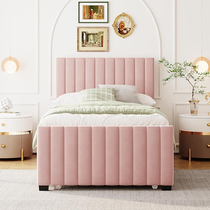 Twin Size Bed Frame with Trundle Bed,Velvet Upholstered Bed Frame,Twin Size Trundle Bed with Headboard,Upholstered Platform Bed Twin for Kids Teens Adults(Pink)
