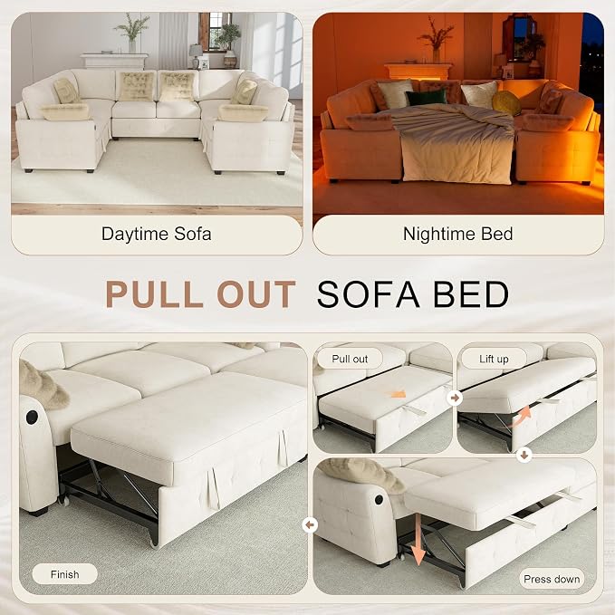Hanherry Sectional Couch with Pull Out Sofa Bed,Chenille Sleeper Sofa with 2 Seat Storage & USB Charging,Comfy L Shaped Modular Couches for Living Room,Apartment
