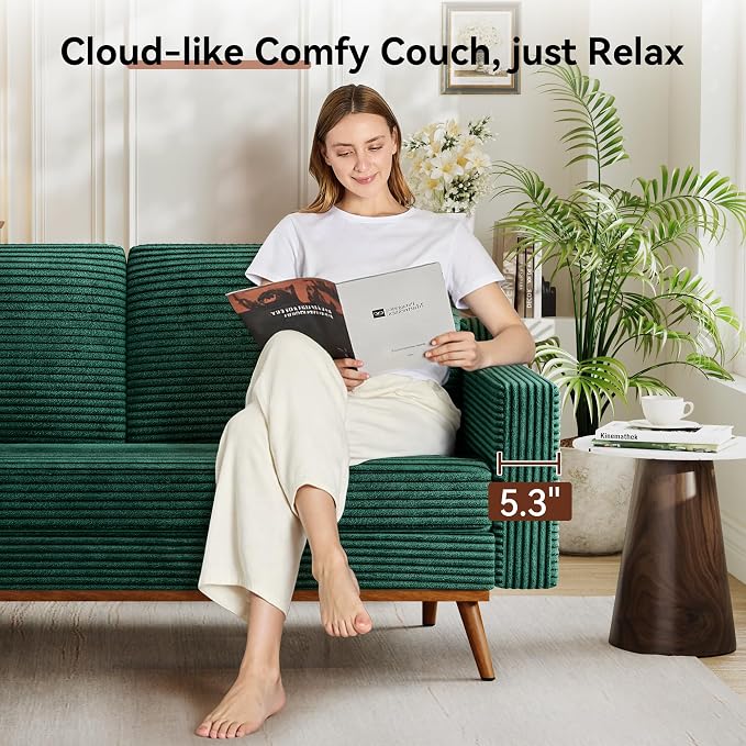Vipbear 65.4" Loveseat Sofa,Mid-Century Modern Small Couches for Living Room, Bedroom, Office,Comfy Forest Green Corduroy Couch with Spring Cushion, Solid Wood Frame, Tool-Free Assembly