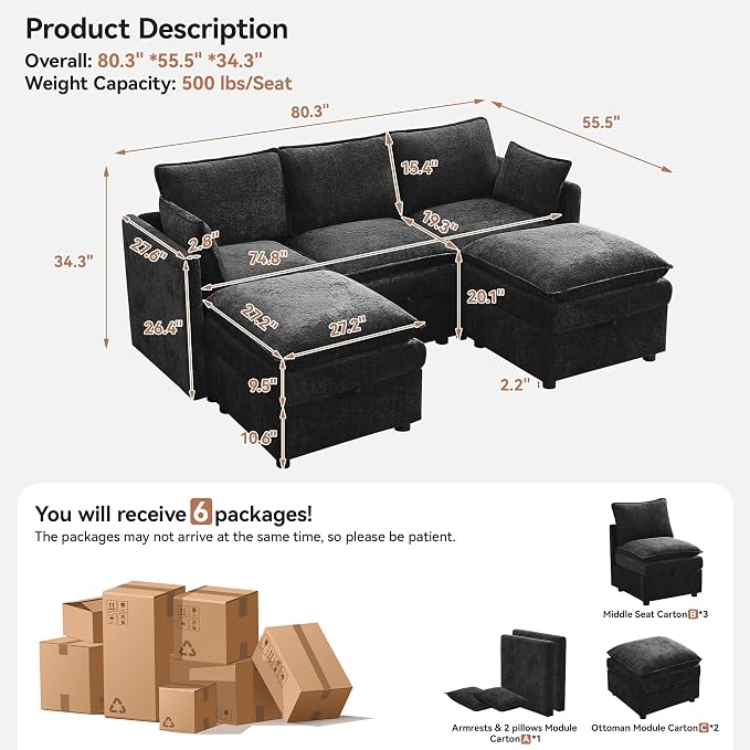 80" Cloud Modular 3 Seater Sofa with 2 Storage Ottoman, Modern Upholstered Storage Sofa Couch Deep Seat, U Shape Sectional Sofa Chenille Comfy Couch with Armrests for Living Room, Small Space, Black