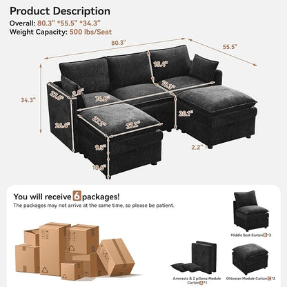 80" Cloud Modular 3 Seater Sofa with 2 Storage Ottoman, Modern Upholstered Storage Sofa Couch Deep Seat, U Shape Sectional Sofa Chenille Comfy Couch with Armrests for Living Room, Small Space, Black
