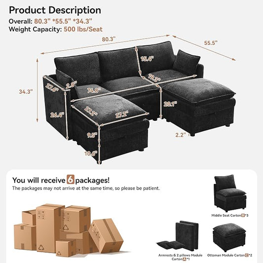 80" Cloud Modular 3 Seater Sofa with 2 Storage Ottoman, Modern Upholstered Storage Sofa Couch Deep Seat, U Shape Sectional Sofa Chenille Comfy Couch with Armrests for Living Room, Small Space, Black