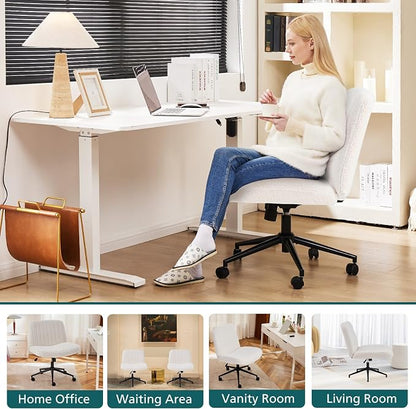 OLIXIS Criss Cross Chair with Wheels Wide Cross Legged Office Desk Vanity Chair Comfy Fabric Armless Adjustable Swivel for Home Computer Task Teddy Beige