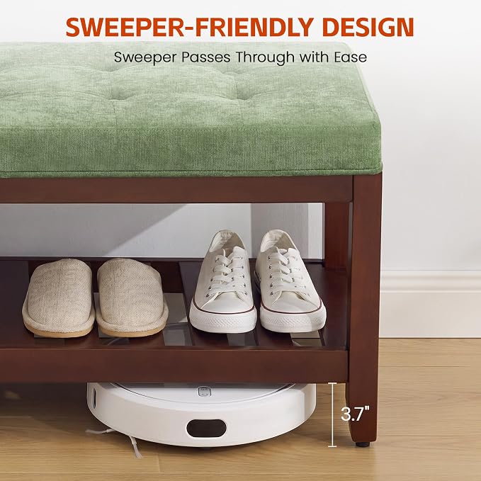 HUBSON 44" Entryway Shoe Bench, Upholstered End of Bed Bench with Solid Wood Shelf, Button Tufted Shoe Bench for Bedroom, Hallway, Living Room, Green