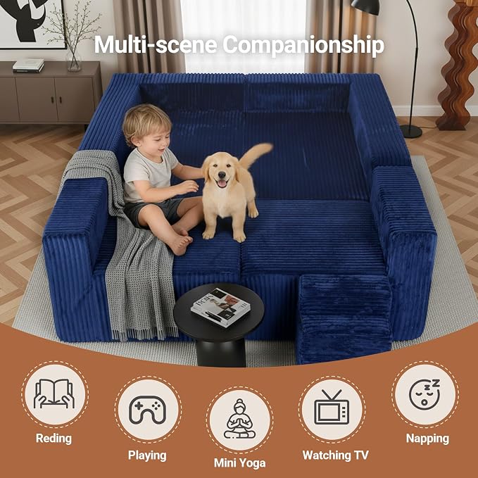 Claiks 128" Modular U Shaped Couch, Sectional Deep Seat Sofa with Pet Stair, Blue