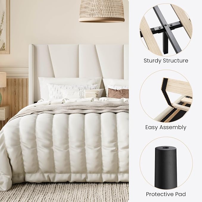 SHA CERLIN Queen Size Velvet Bed Frame with Geometric Wingback Headboard, Upholstered Platform Bed with Wooden Slats Support, 8" Under-Bed Space, No Box Spring Needed, Easy Assembly, Cream