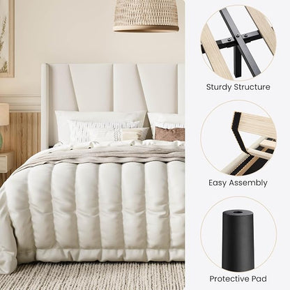 SHA CERLIN Queen Size Velvet Bed Frame with Geometric Wingback Headboard, Upholstered Platform Bed with Wooden Slats Support, 8" Under-Bed Space, No Box Spring Needed, Easy Assembly, Cream