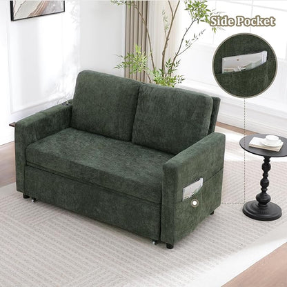 3 in 1 Folding Convertible Sleeper Sofa Bed Pull Out Couch with Side Pockets USB Port Side Table Loveseat Sofa Bed with Adjustable Backrest for Living Room Bedroom 66" DarkGreen 2 SEAT