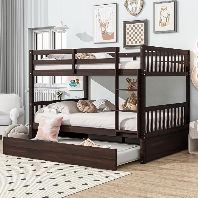 Bellemave Full Over Full Bunk Bed with Trundle,Convertible Bunk Beds with Ladder & Safety Guardrails,Full Size Trundle Bunk Beds for Kids Girls Boys,Espresso