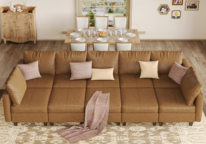 EASE MOOSE Faux Leather Sectional Sleeper Modular Sofa Modular Couch with Storage, Convertible Faux Leather Modular U Sectional Sleeper Sofa Couch Brown