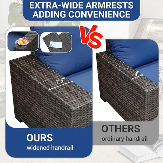 Jing's Villa 6-Piece Patio Furniture Set, All-Weather Outdoor Wicker Sectional Sofa with Cushions, Glass Table & Left and Right Armrest, Rattan Conversation Seating for Porch, Garden, Backyard,Navy