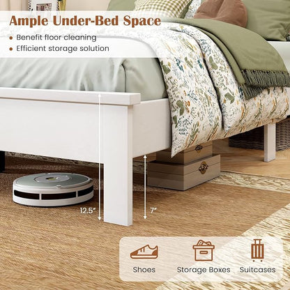 GOFLAME Full Size Wood Bed Frame, Mid-Century Modern Platform Bed with Headboard, Solid Wood Legs, Mattress Foundation with 12 Wooden Slats, No Box Spring Needed, White