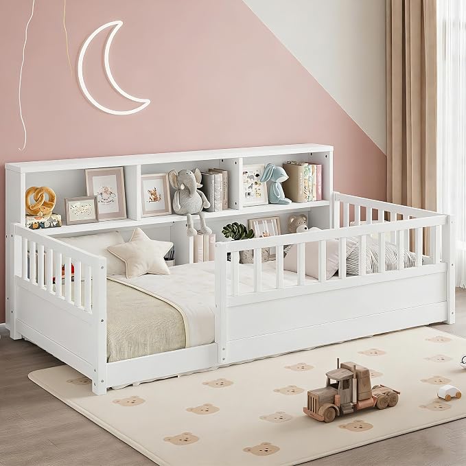 Bellemave Kids Montessori Floor Bed Twin Size,Floor Bed Frame with Bookcase and Fence for Kids Boys Girls,White