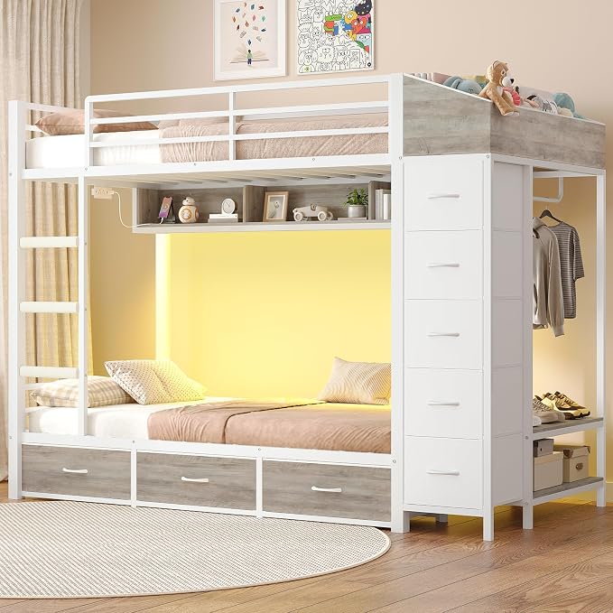 VIAGDO Bunk Bed Twin Over Twin with 8 Storage Drawers and Power Outlets, LED Twin Bunk Beds with Hall Tree and Shelves, Metal Bunk Beds with Safety Guardrail & Ladder for Dorms, Kids, White